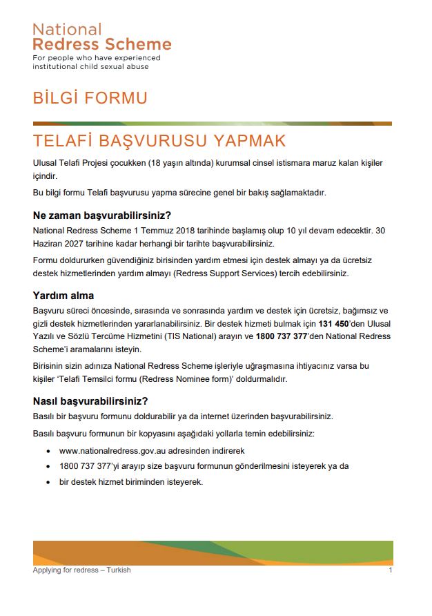 Turkish: Applying to the National Redress Scheme factsheet