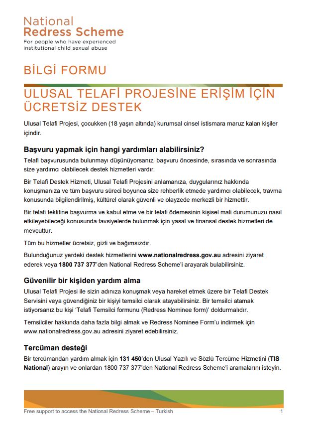 Turkish: Getting help for the National Redress Scheme factsheet