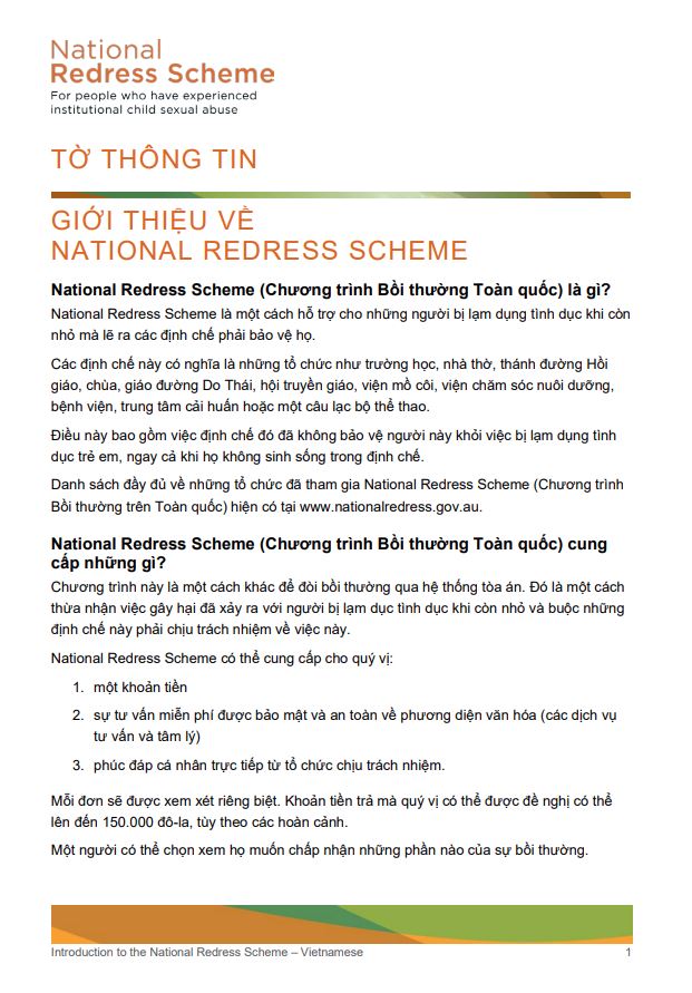 Vietnamese: Introduction to the National Redress Scheme factsheet