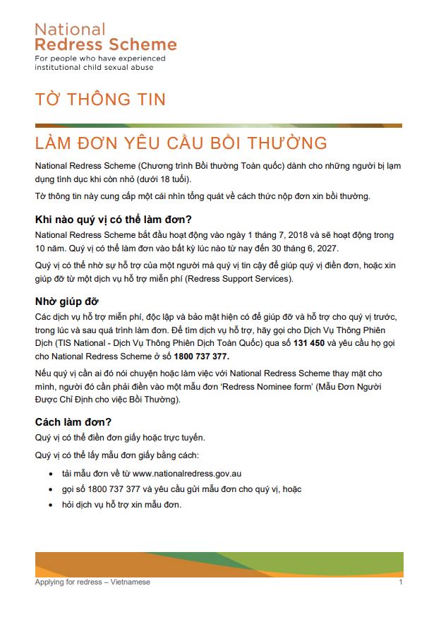 Vietnamese: Applying to the National Redress Scheme factsheet